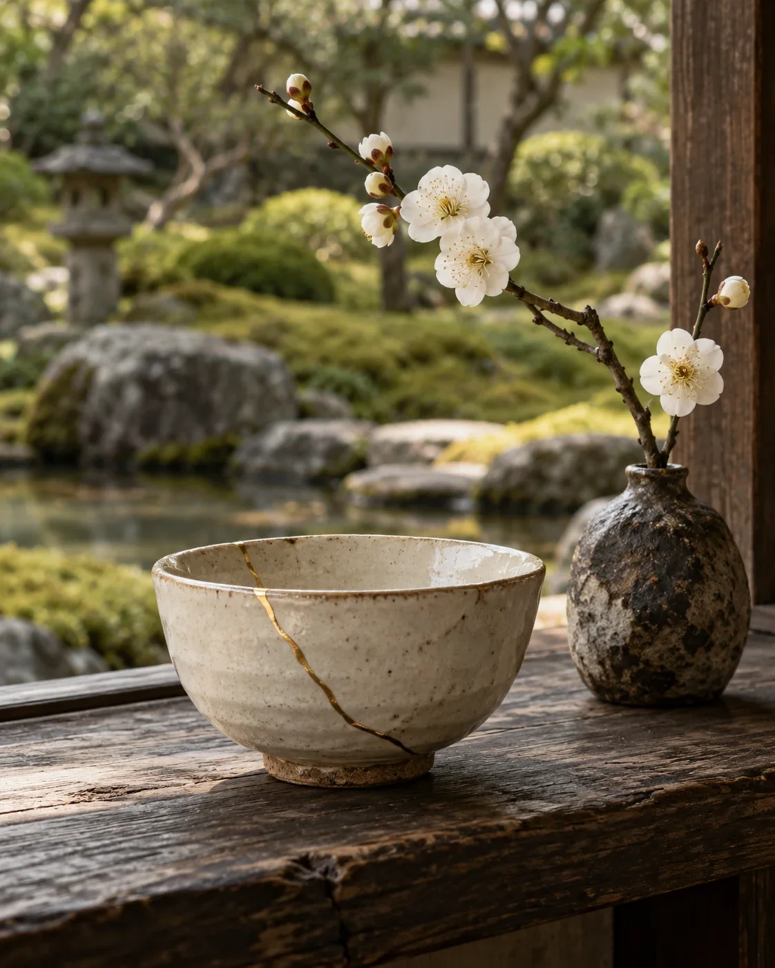 Handmade ceramic bowl with a fine golden repair beside a flowering branch